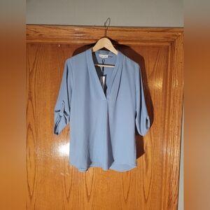 NWT Calvin Klein Blue Lightweight V-Neck Roll Sleeve Blouse Coastal Grandma